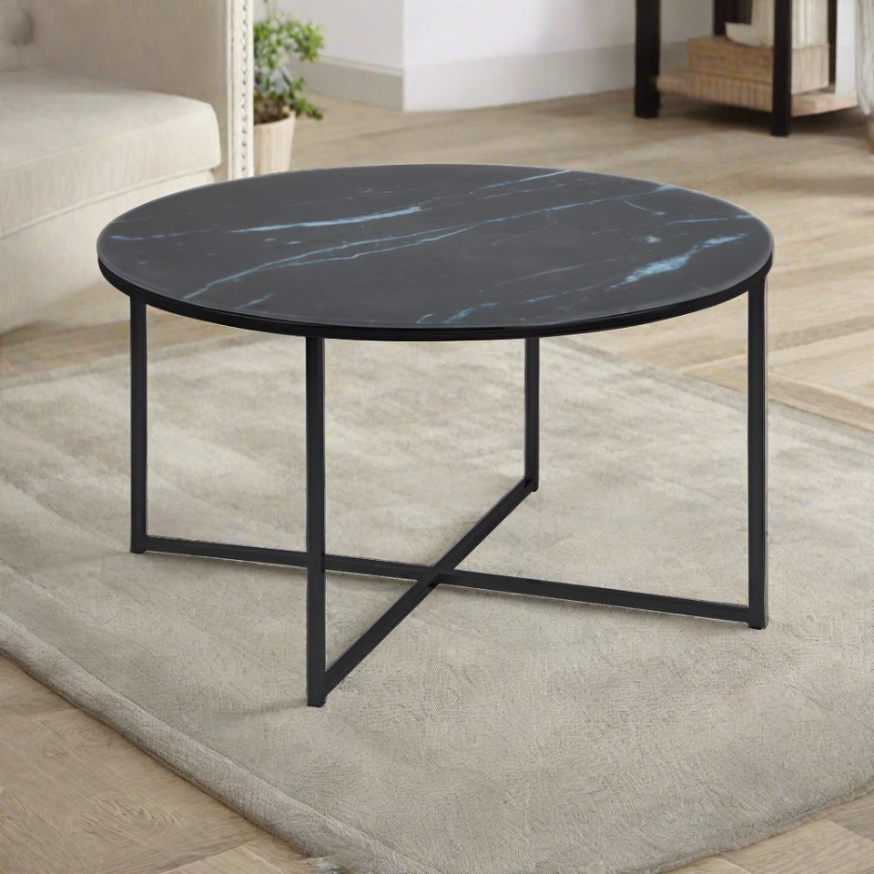 Alisma Designer Coffee Table Black Marble Print Round Glass Metal Frame 80cm