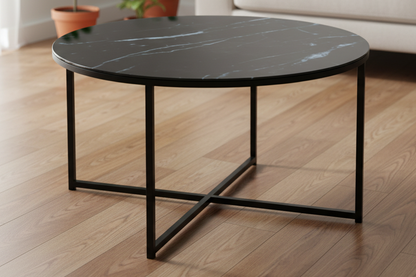 Alisma Designer Coffee Table Black Marble Print Round Glass Metal Frame 80cm