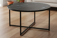 Load image into Gallery viewer, Alisma Designer Coffee Table Black Marble Print Round Glass Metal Frame 80cm
