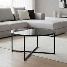 Load image into Gallery viewer, Alisma Designer Coffee Table Black Marble Print Round Glass Metal Frame 80cm

