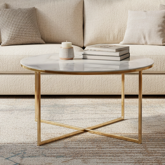 Alisma Coffee Table With White Marble Look Top And Gold Metal Frame 80cm