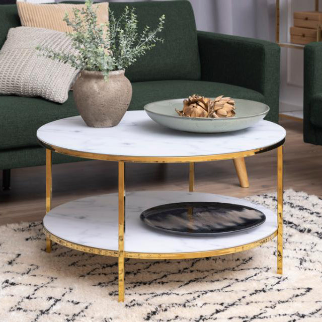Alisma Designer White Glass Marble Coffee Table With Shelf And Gold Metal Frame 80cm