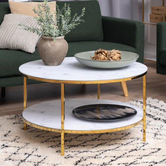 Alisma Designer White Glass Marble Coffee Table With Shelf And Gold Metal Frame 80cm