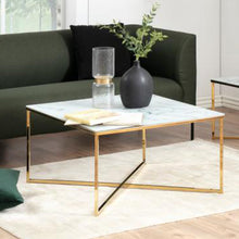 Load image into Gallery viewer, Alisma Coffee Table With Gold Regal Base Square White Marble Look Glass  80cm
