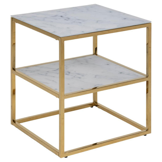 Alisma White Marble Bedside Table With Gold Metal Frame And Shelf