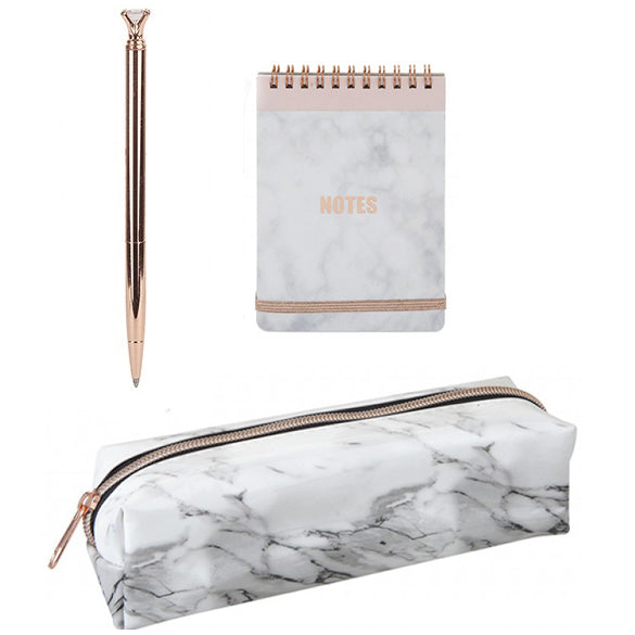 Marble print and Rose Gold Stationery Set, Pencil Case, Notepad and Slim Rollerball Pen