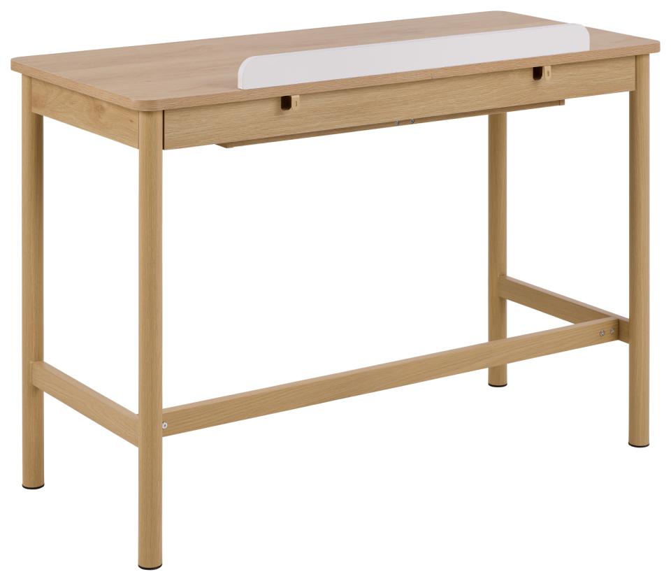 Wooden desk with a white surface on a white background