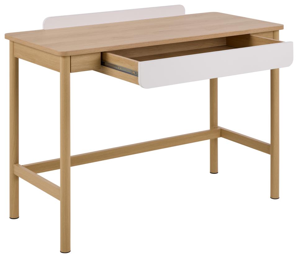 A modern writing desk with a light natural wood frame and a white drawer front, shown with one drawer pulled open against a plain white background.