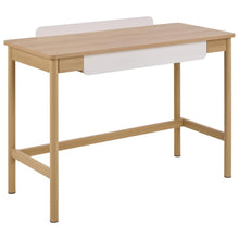 Load image into Gallery viewer, A light oak Alpena wood writing desk with a white drawer front and a matching white backrest, shown on a plain white background.
