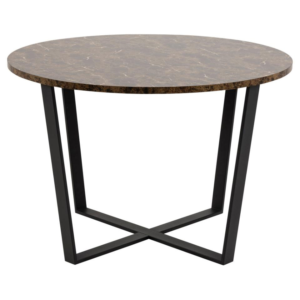 Round dining table with a brown marble-patterned top and a black metal geometric base, shown on a plain white background.