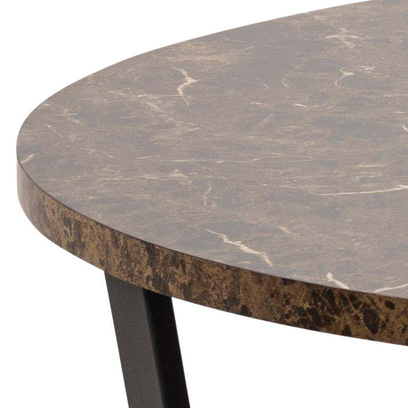 Round marble table with a dark brown and gray pattern on a white background