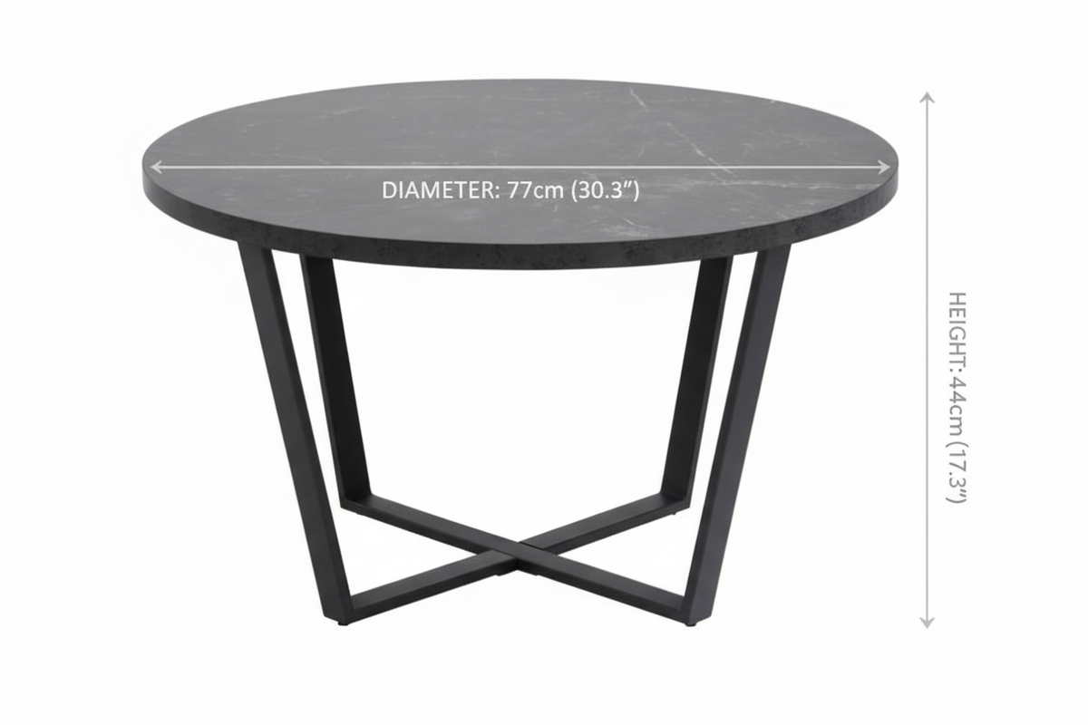 Amble Coffee Table In Black Melamine Marble Finish And Metal Base 77cm