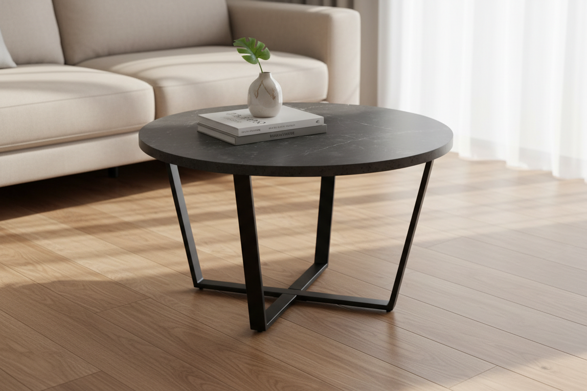 Amble Coffee Table In Black Melamine Marble Finish And Metal Base 77cm