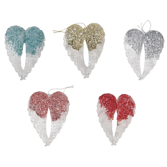 Pretty Angel Wings Sequin Detail, Glass Look Acrylic Hanging Decoration Red, Gold, Blue, Silver, Rose Gold or Blush Pink