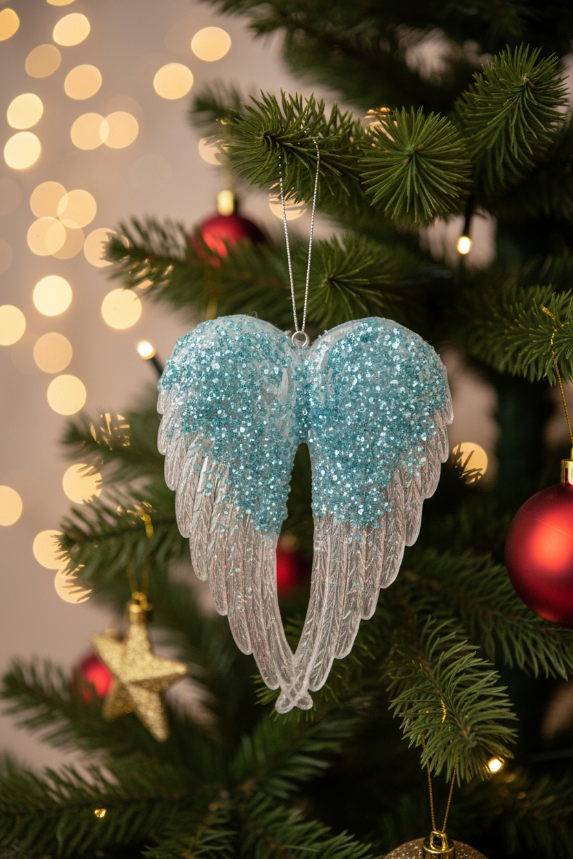 A glittery angel wing Christmas ornament hanging on a decorated Christmas tree with warm bokeh lights in the background.