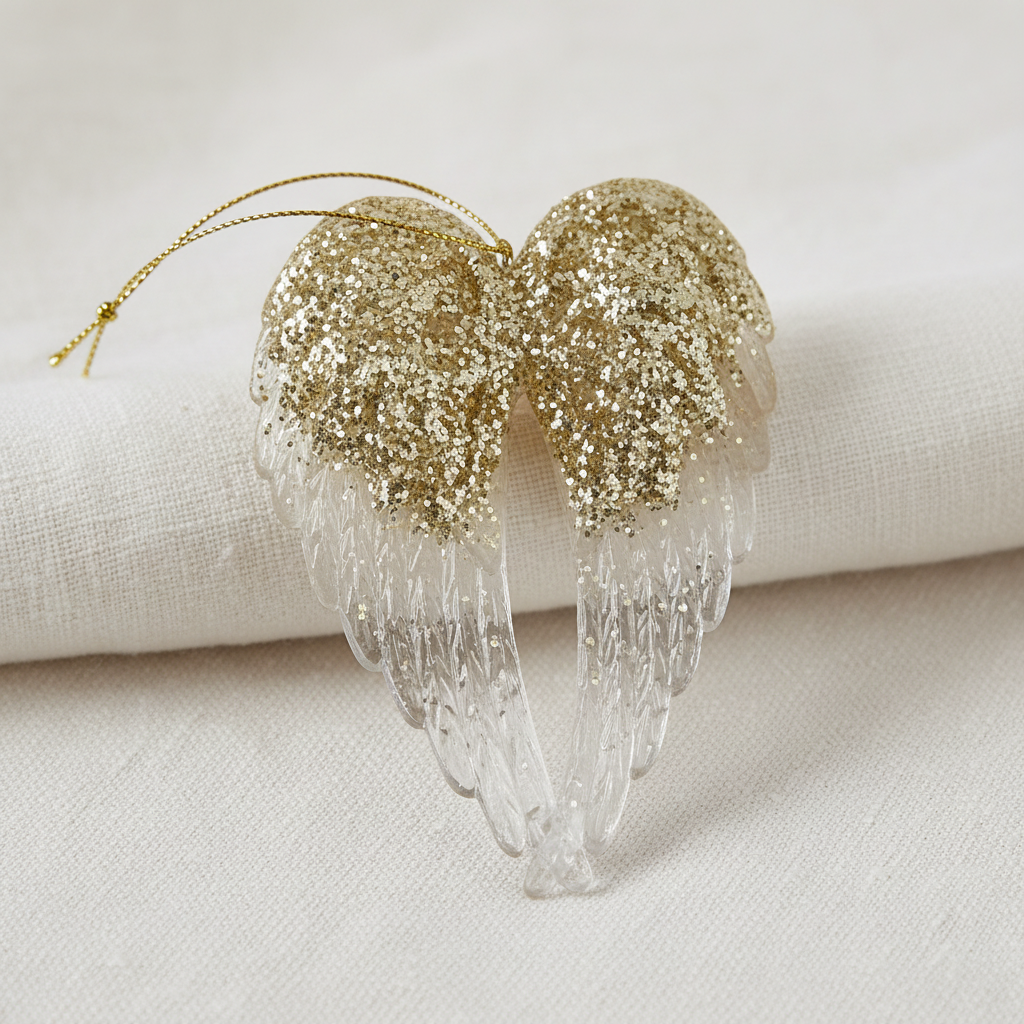 A heart-shaped angel wings ornament featuring glittery gold wings that fade into clear plastic at the tips, hanging from a thin gold string against a soft white fabric background.