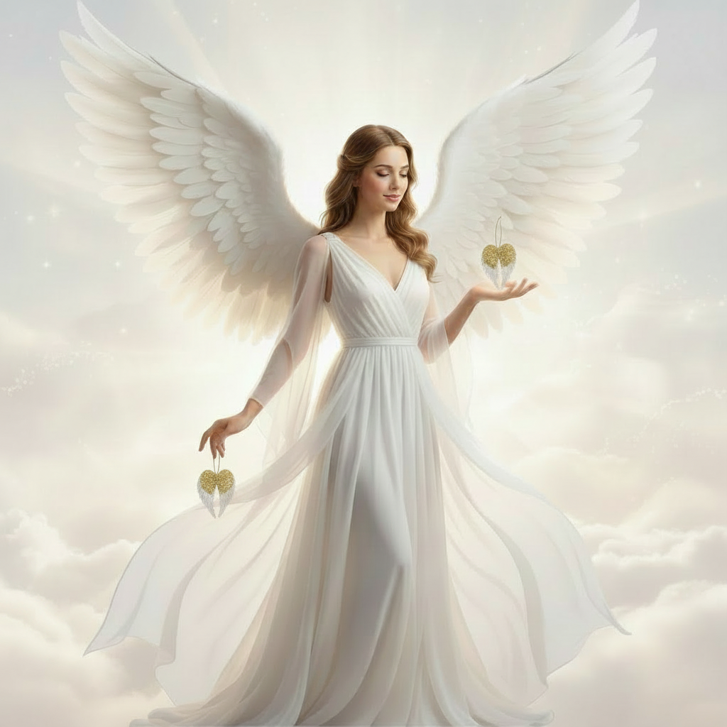 A woman with large white angel wings stands in a glowing cloudy sky, wearing a flowing white gown and holding small gold heart-shaped objects in both hands.