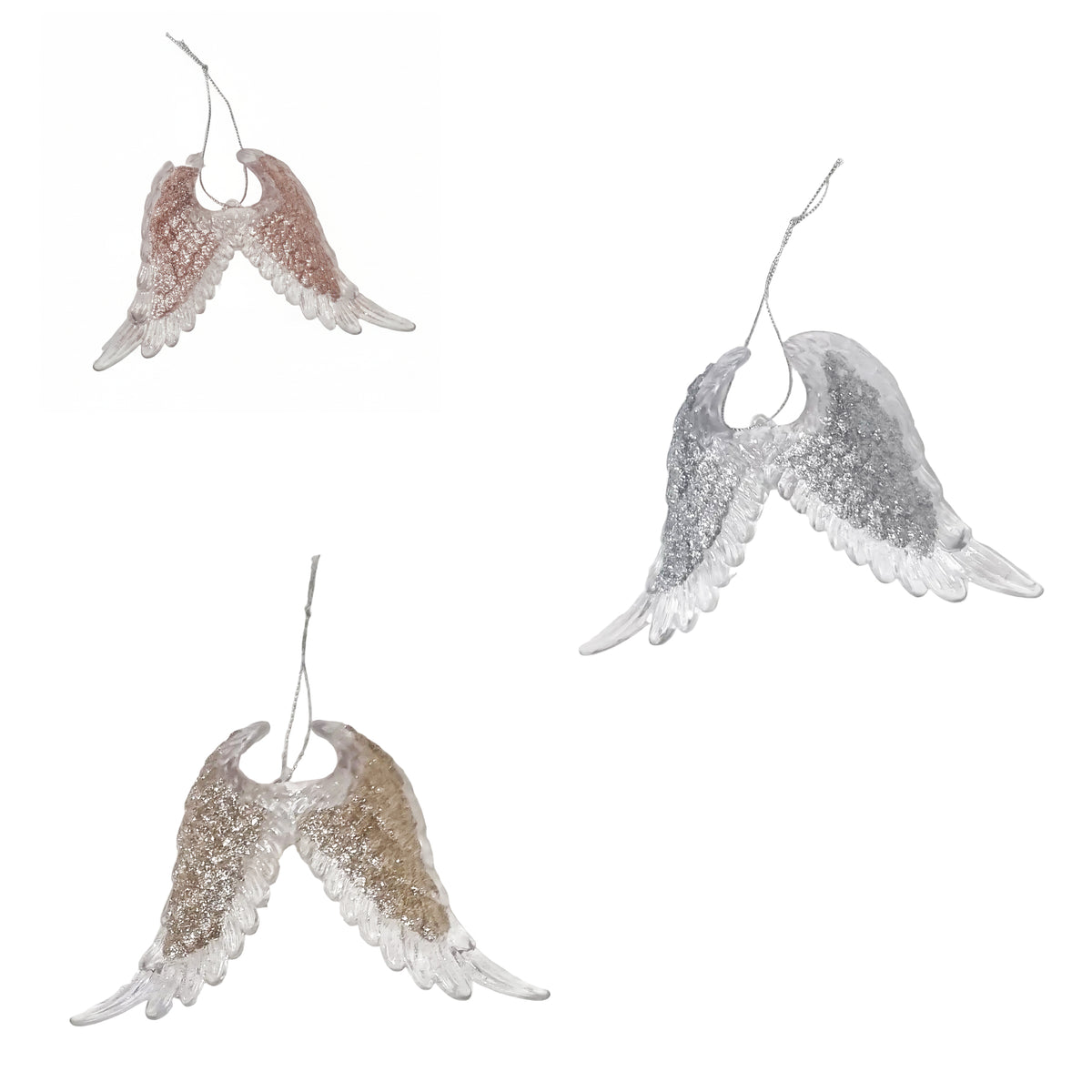 Three angel wing hanging ornaments in rose gold, silver, and bronze finishes on a plain white background.