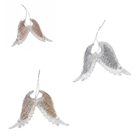 Three angel wing hanging ornaments in rose gold, silver, and bronze finishes on a plain white background.