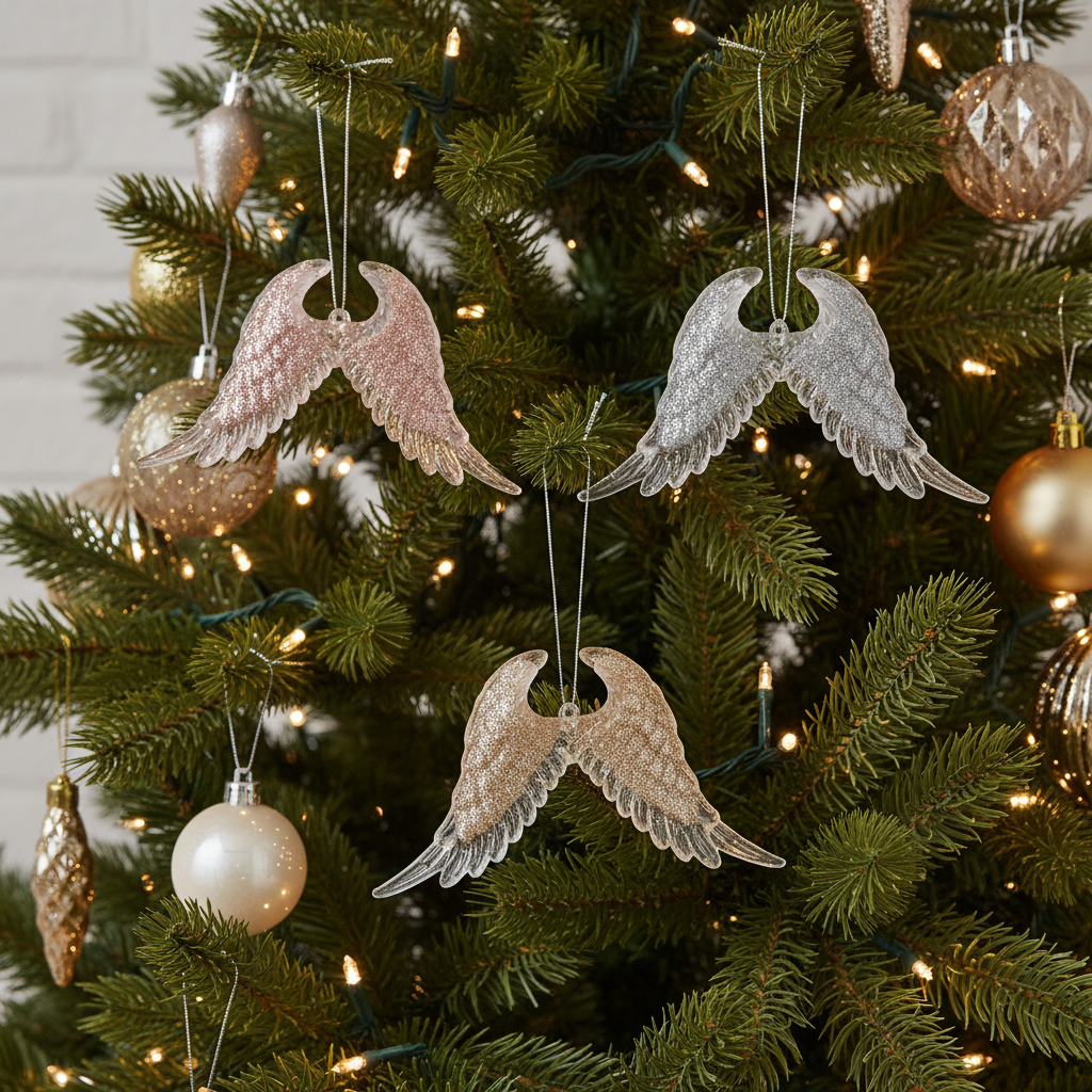 Three angel wing Christmas ornaments in rose gold, silver, and textured gold, hanging on a decorated green Christmas tree with warm string lights.