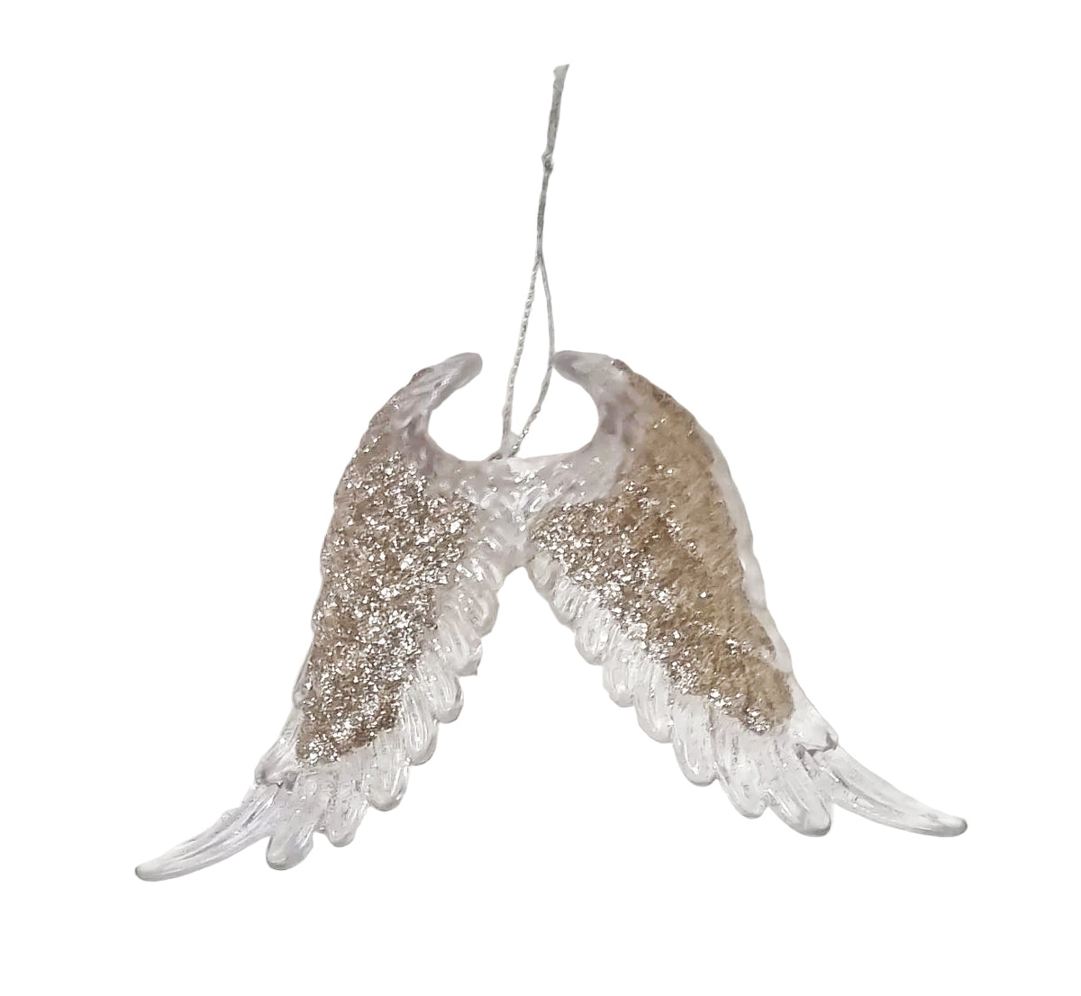 A decorative angel wing ornament with glittery gold and clear textured wings, suspended by a thin string against a plain white background.
