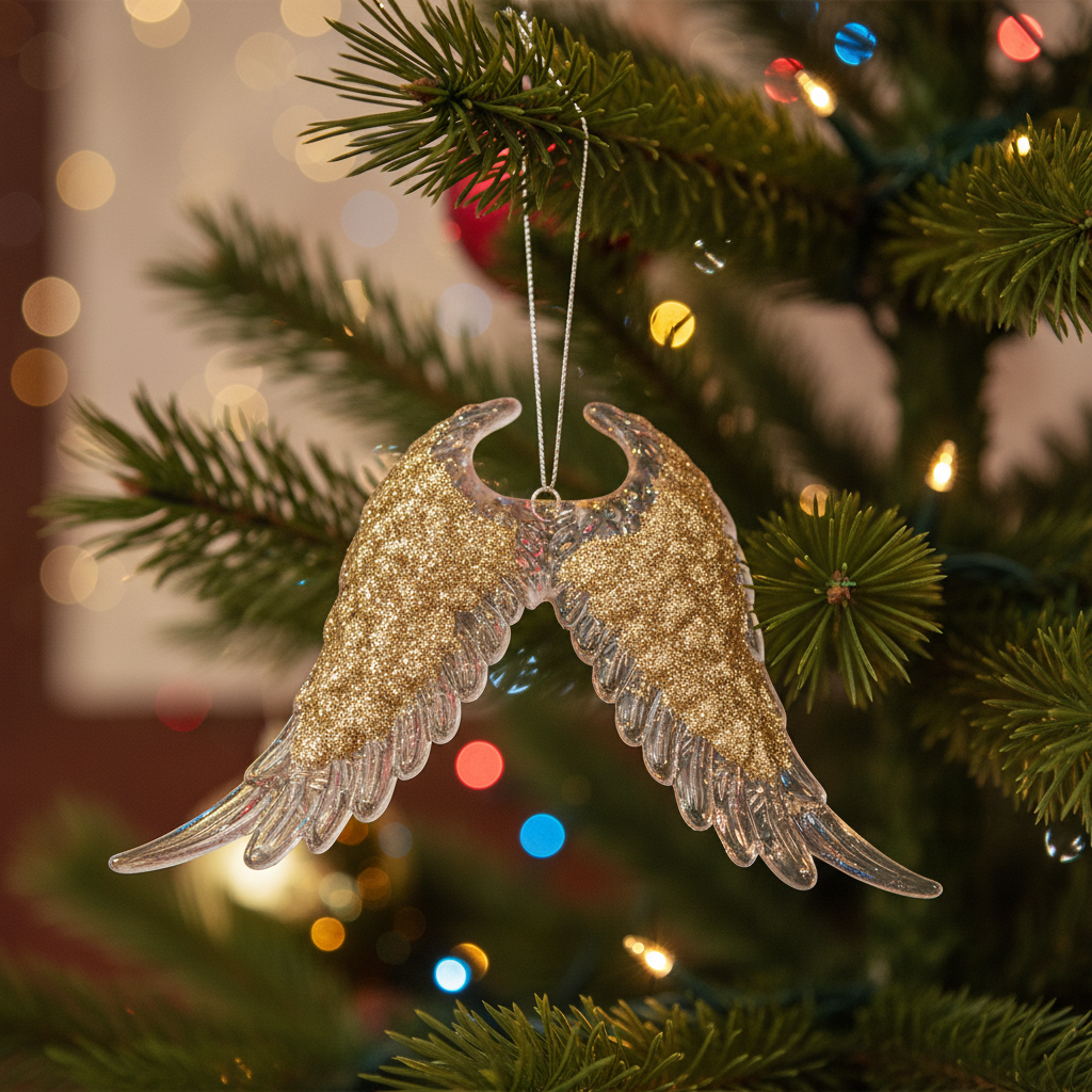 A glittery gold angel wing Christmas ornament hanging from a green Christmas tree branch with warm bokeh lights in the background.
