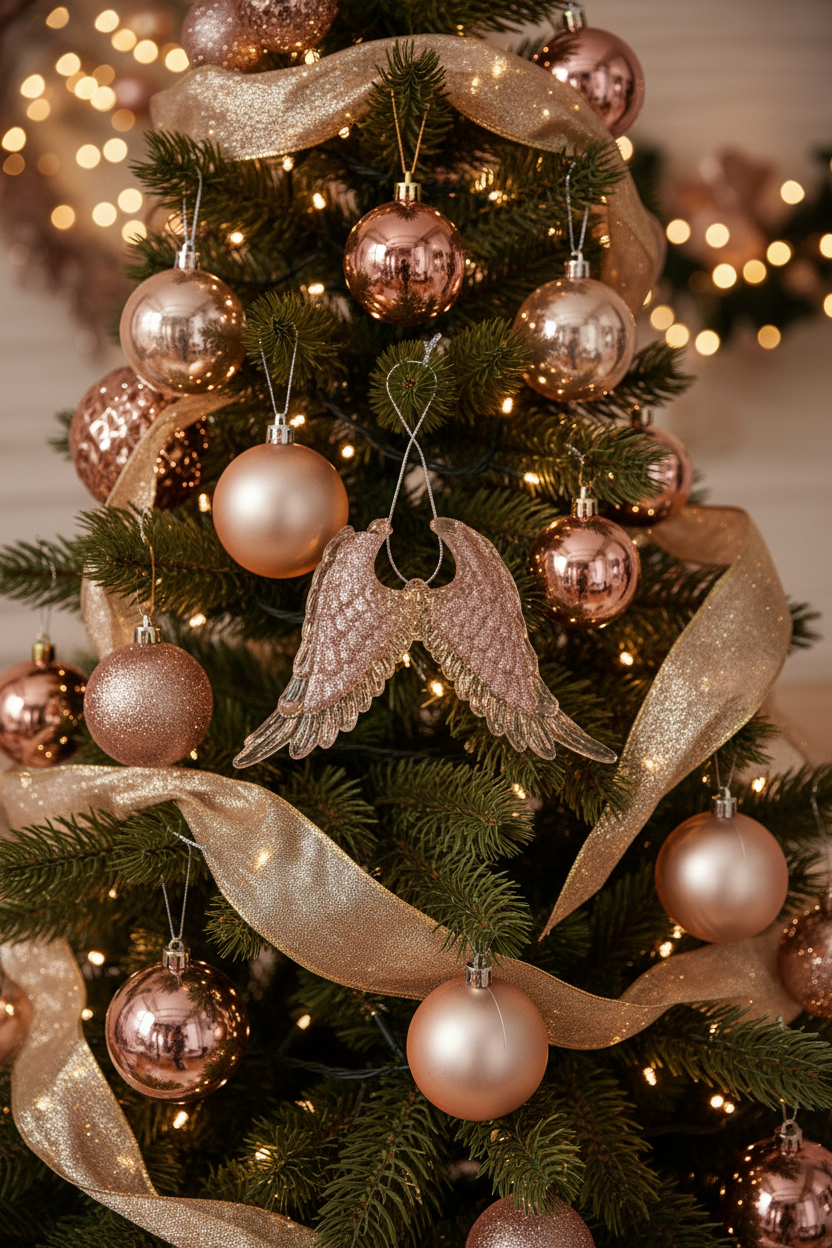 Elegant Angel Wings Christmas Hanging Decoration Sequin Detail Acrylic in Rose Gold, Pale Gold, or Silver