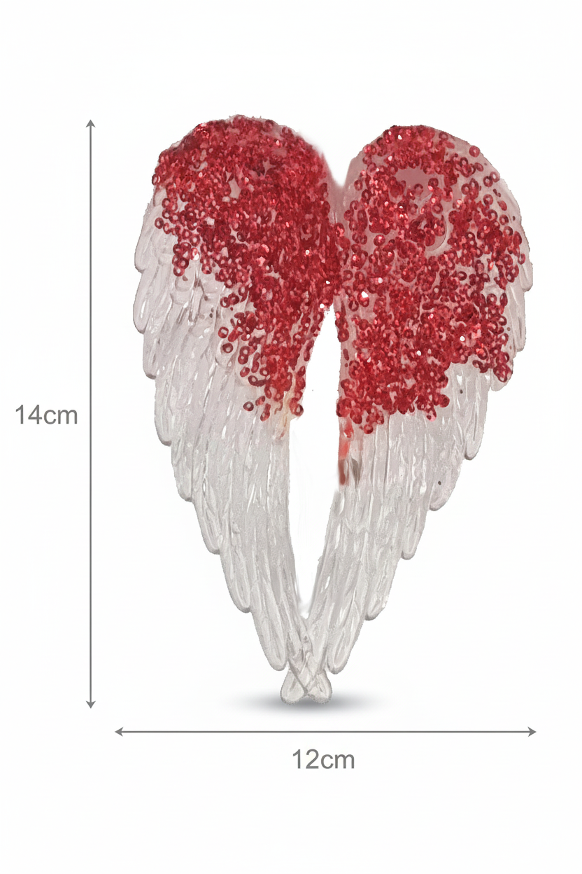 Heart-shaped decorative angel wings with red glittery tops and clear feathered sides, shown with dimension markers of 14 cm height, 12 cm width, and a small base width on a white background.