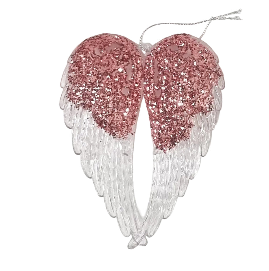 Pretty Angel Wings Sequin Detail, Glass Look Acrylic Hanging Decoration Red, Gold, Blue, Silver, Rose Gold or Blush Pink