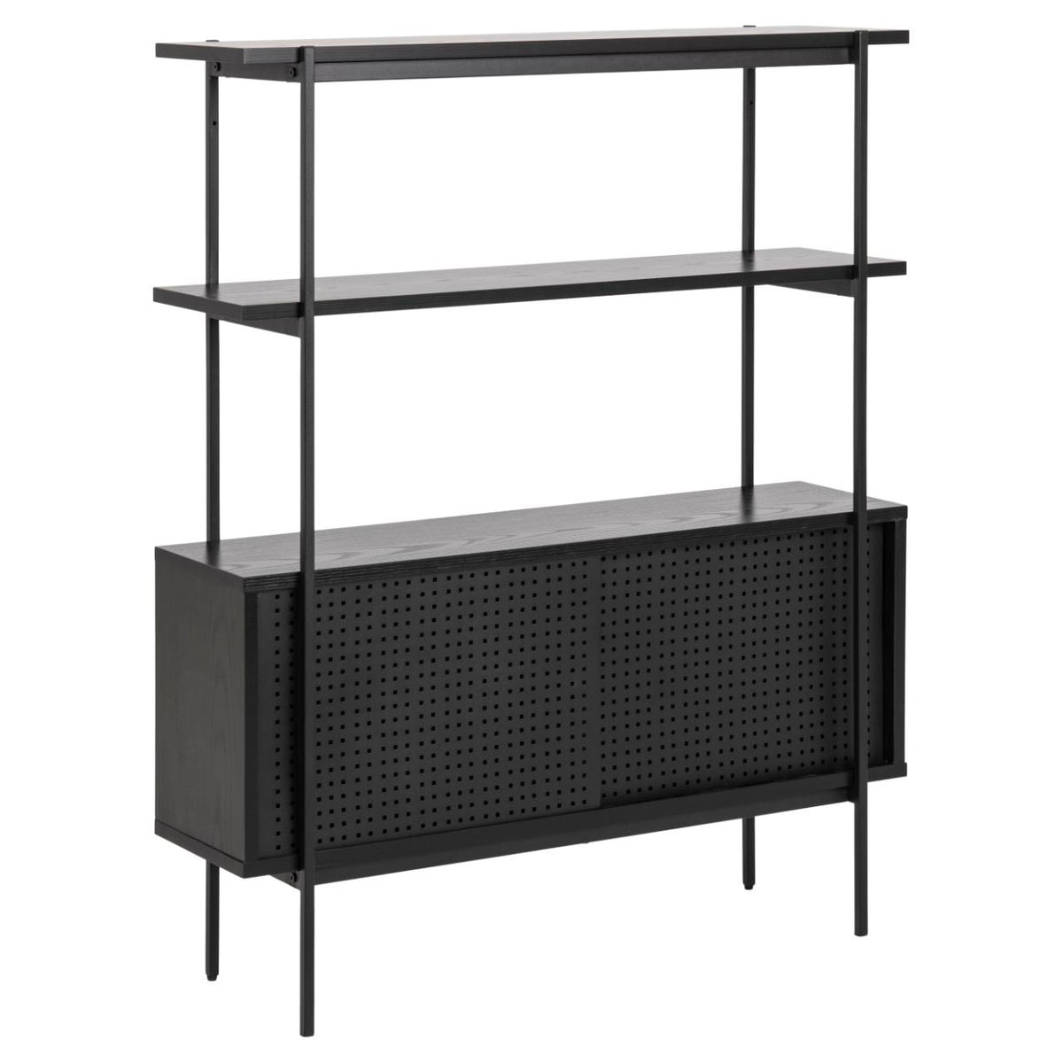 Angus Bookcase Shelving Unit With Sliding Doors Black Shelves And Steel Frame 94x27x114 cm