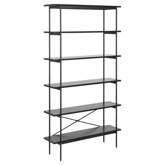 A tall black metal bookcase with five shelves, with a sleek and modern design.