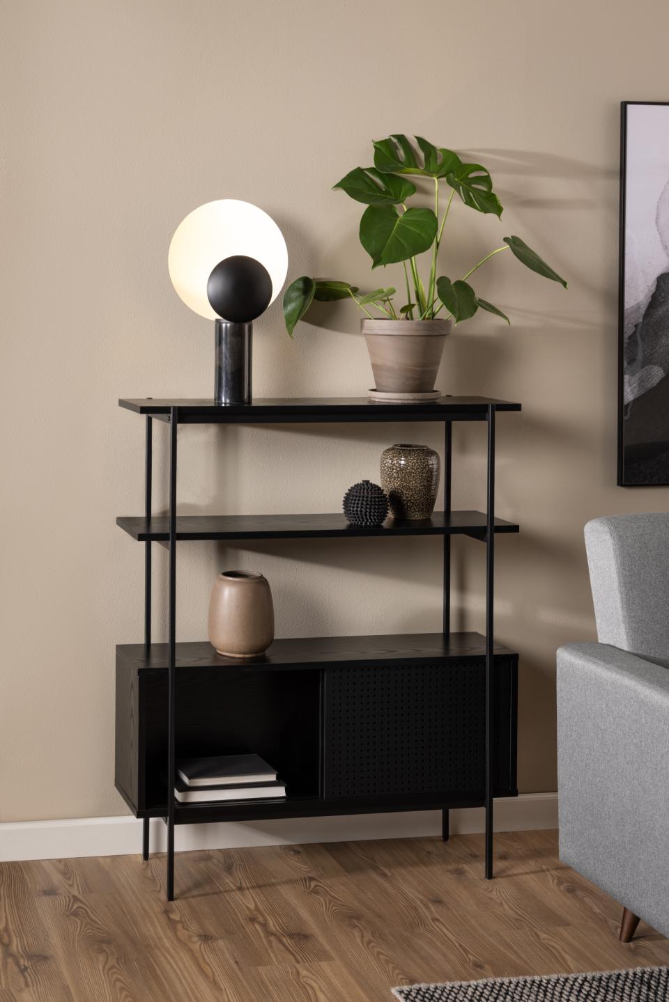 Angus Bookcase Shelving Unit With Sliding Doors Black Shelves And Steel Frame 94x27x114 cm
