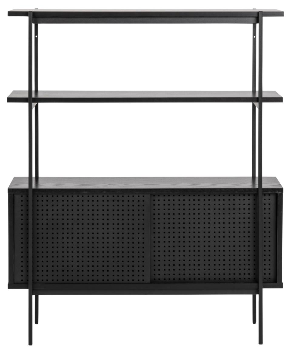 Angus Bookcase Shelving Unit With Sliding Doors Black Shelves And Steel Frame 94x27x114 cm