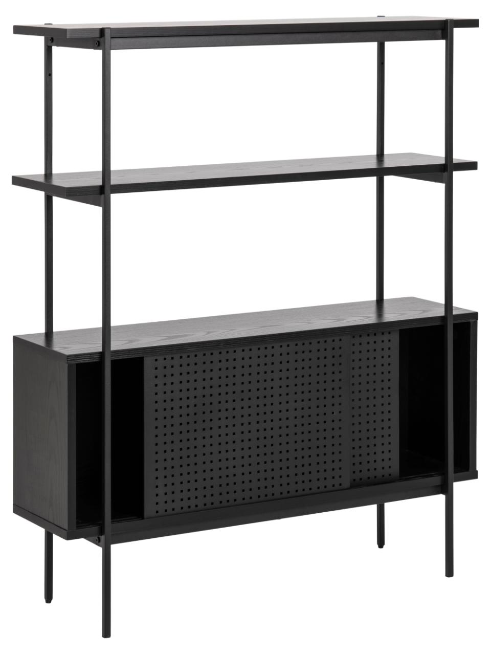 Angus Bookcase Shelving Unit With Sliding Doors Black Shelves And Steel Frame 94x27x114 cm