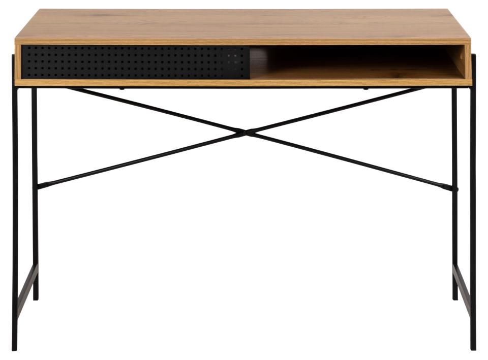 Wooden desk with black metal frame on a white background
