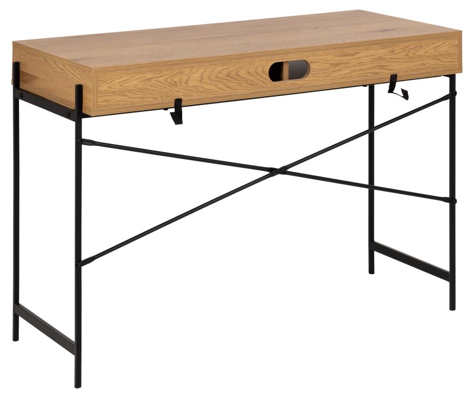 Wooden desk with black metal legs on a white background