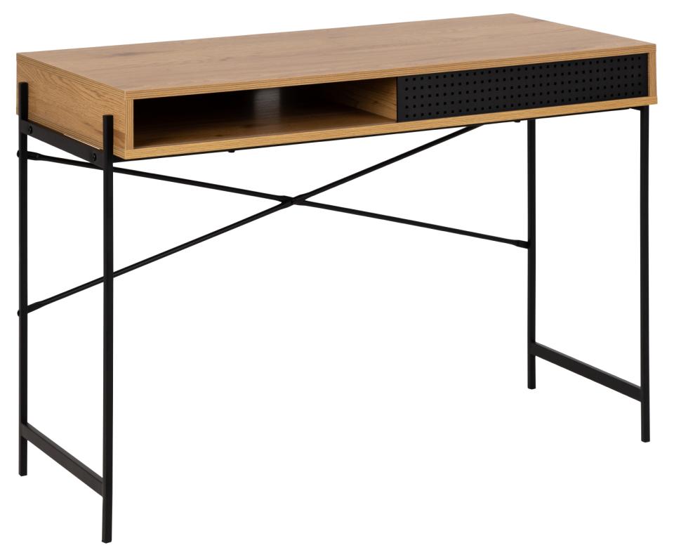 Wooden desk with black metal legs on a white background