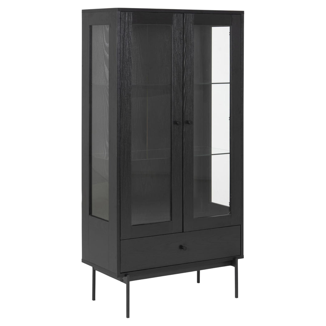 Angus Noir Display Cabinet In Black With 2 Glass Doors And Drawer 75x37,5x152cm
