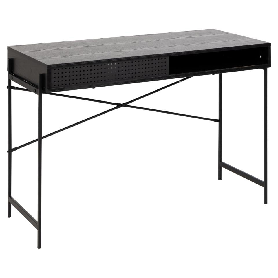 Angus Bureau Modern Office Desk In Black With Metal Legs And Sliding Door Spacious 120cm