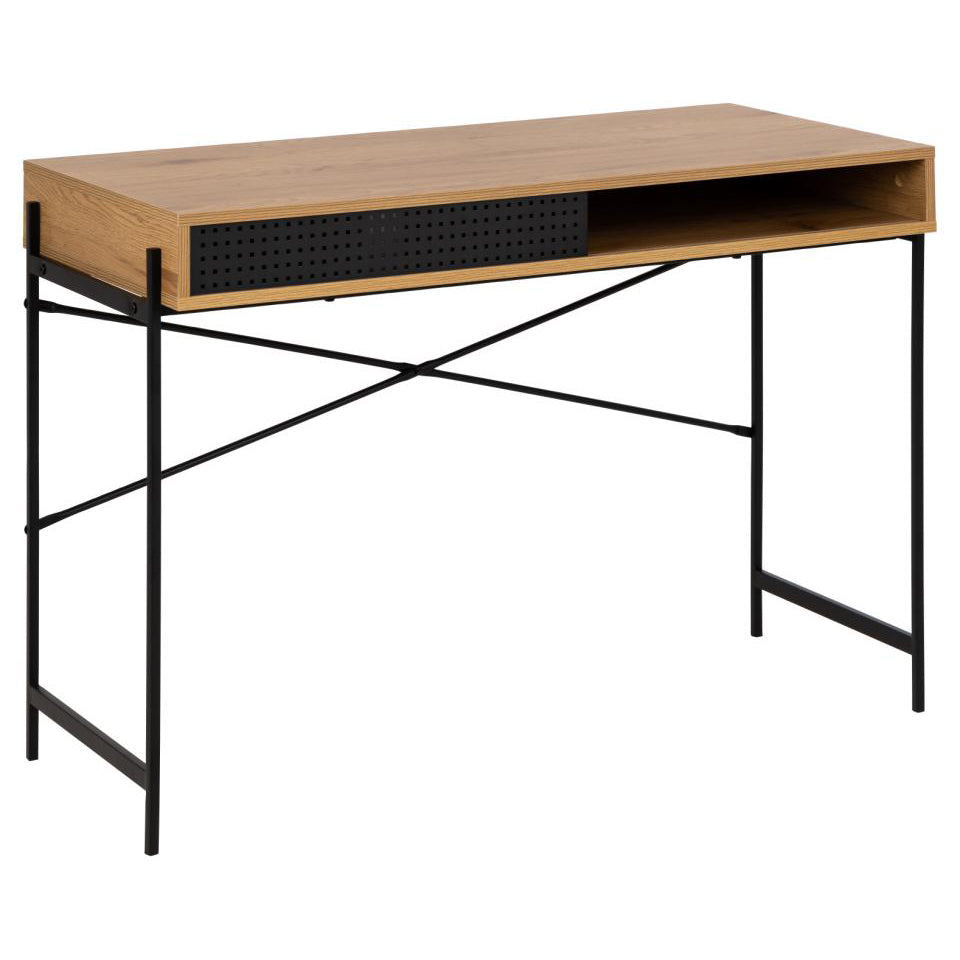 A rectangular office desk with a oak tabletop and black metal legs, featuring a sliding door compartment.