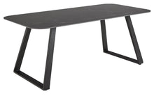 Load image into Gallery viewer, Black dining table with a modern design on a white background
