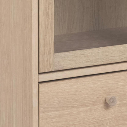 Aston Display Cabinet In White Oak With 2 Glass Doors, Shelves And Drawer 145x80x40 cm