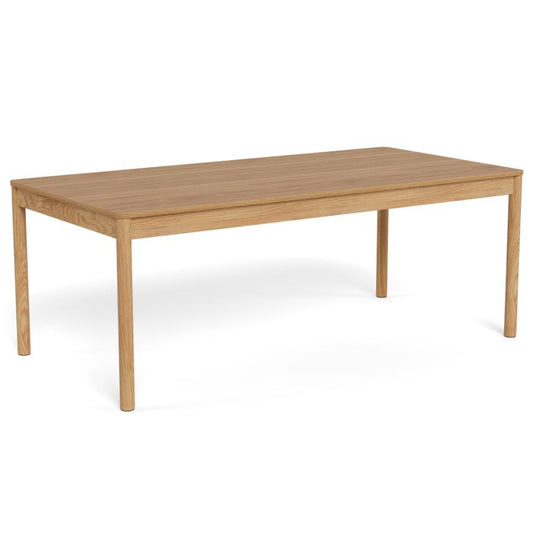 A rectangular wooden table with a natural oak finish, featuring four straight legs and a clean, minimalist design, shown on a white background.