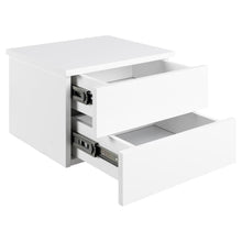 Load image into Gallery viewer, A white two-drawer nightstand or storage cabinet with both front drawers partially open, showing metal drawer slides, on a plain white background.
