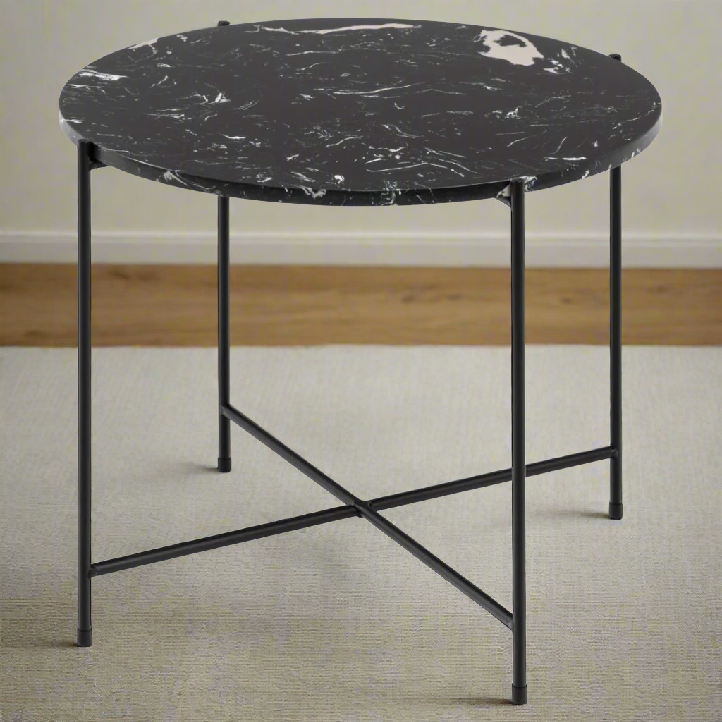 Avila Amour 52cm Round Side Table In Black Marble With A Metal Base