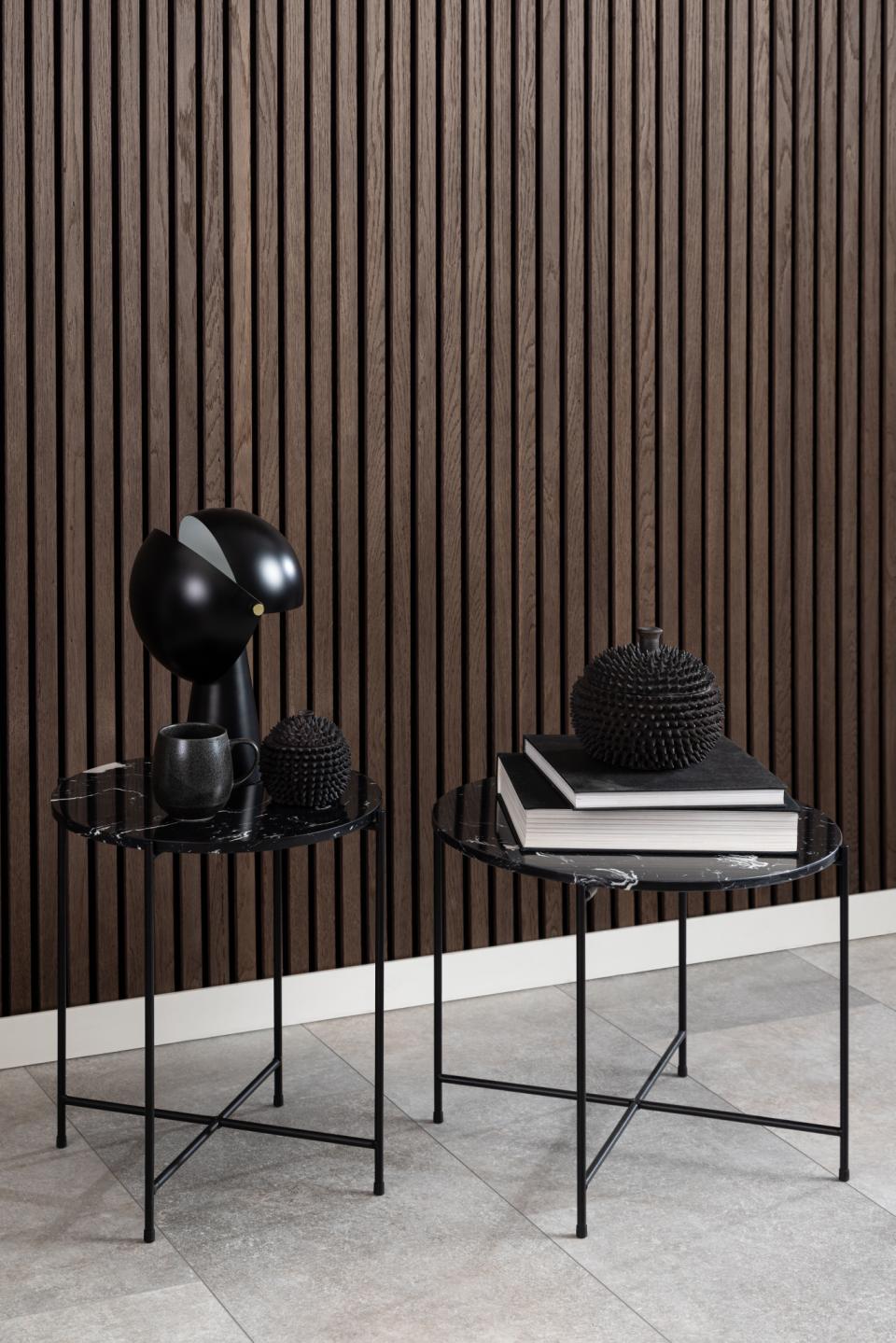 Avila Amour 52cm Round Side Table In Black Marble With A Metal Base
