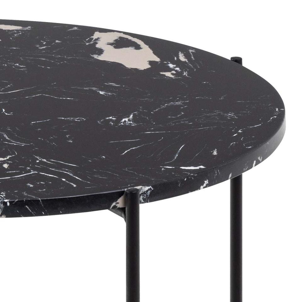 Avila Amour 52cm Round Side Table In Black Marble With A Metal Base