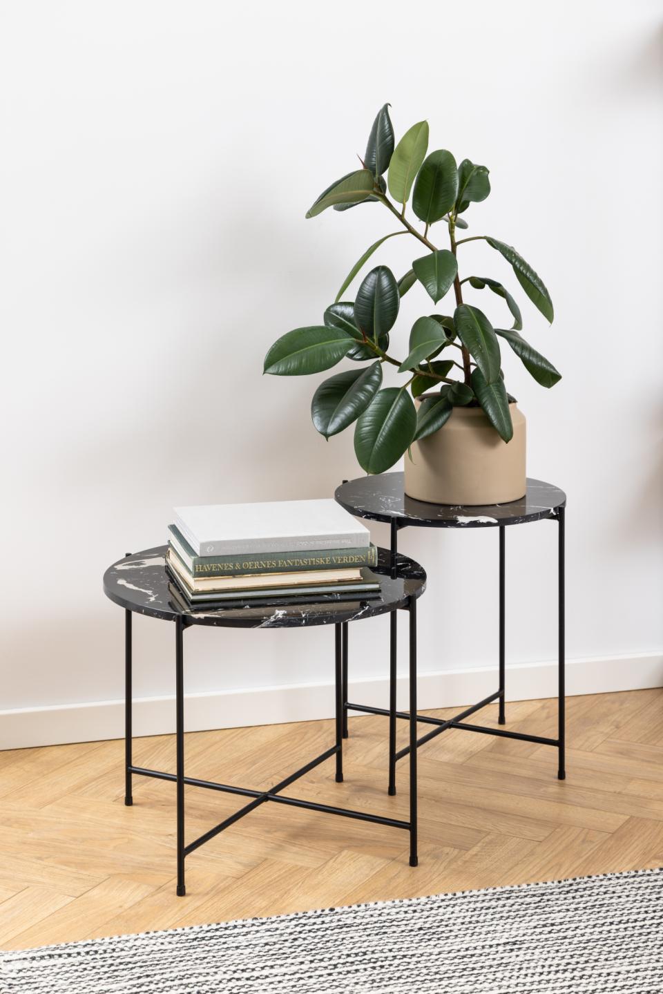 Avila Amour 52cm Round Side Table In Black Marble With A Metal Base