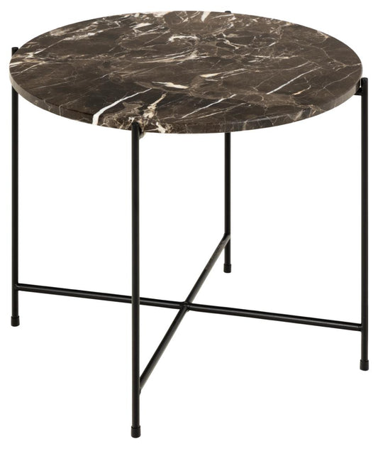 Avila Amour 52cm Round Side Table In Brown Marble With A Metal Base