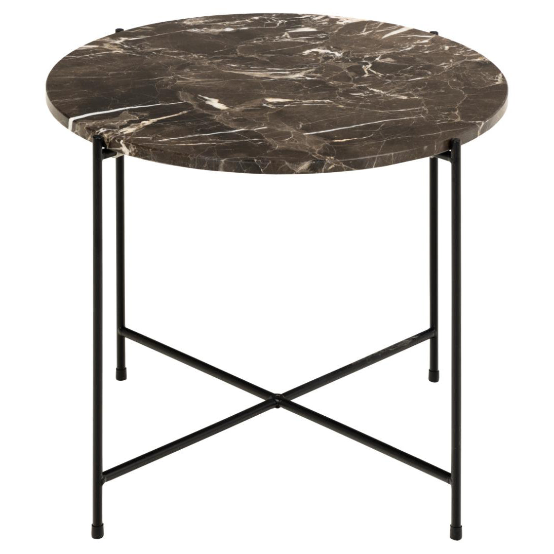 Avila Amour 52cm Round Side Table In Brown Marble With A Metal Base